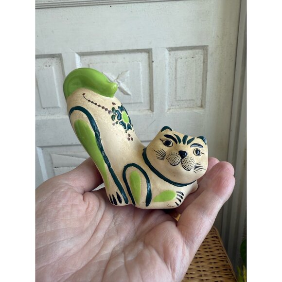 Vintage MCM Tonala Mexican Art Pottery Stretching Cat Kitty Hand Painted Floral - Picture 2 of 12